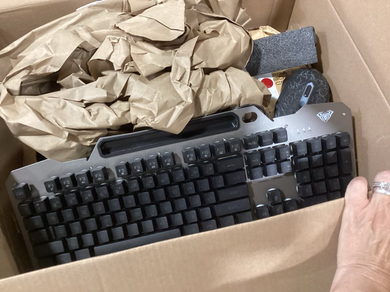 Condition photo showing As Is for aula keyboard, t102 104 keys gaming keyboard and mouse combo with rgb backlit number pad, all-metal panel waterproof light up pc keyboard,usb wired computer keyboards gaming for win xp/7/8/10 pc gamer