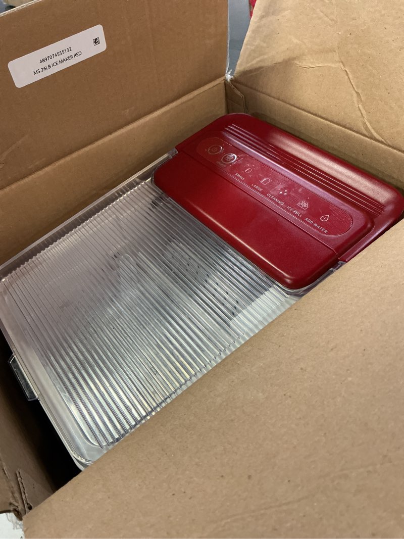 Condition photo showing As Is for frigidaire counter top portable, 26 lb per day nugget ice maker machine (red stainless steel)