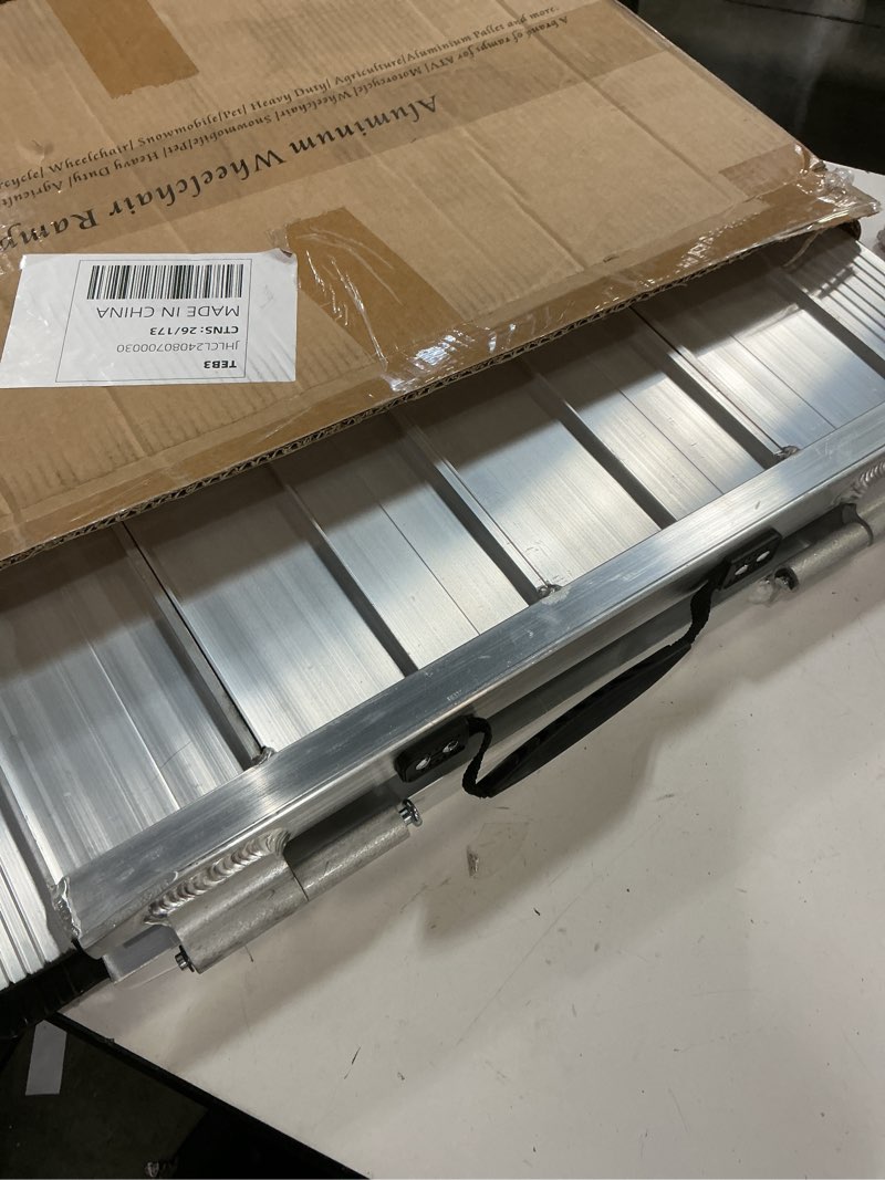 Condition photo showing As Is for fachnuo 2 feet portable wheelchair ramp, non-skid aluminum handicap ramps with handle, folding threshold wheel chair ramp for home steps, stairs, entry, threshold, doorways, scooter, 800lbs capacity
