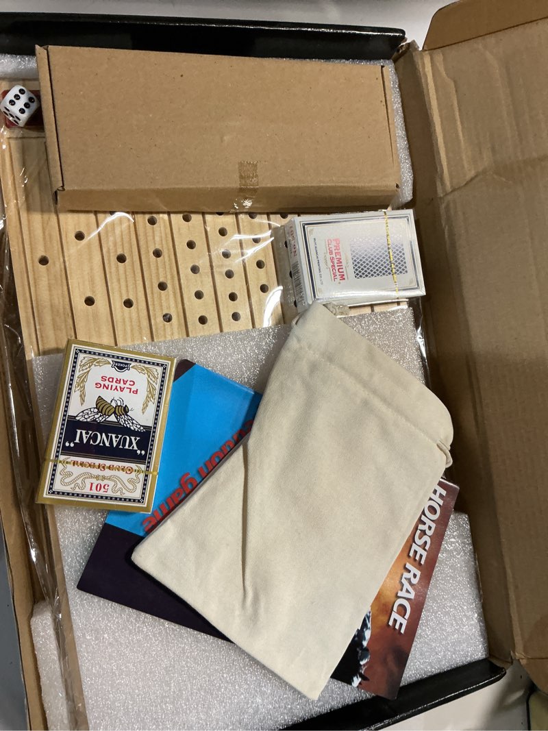 Condition photo showing Good Condition for Horse Race Board Game Racing Game Thickened Solid Wood with 11 Luxurious Durable Classic Metal Horses with 2 Dice and 2 Boxes of Cards Horse Racing Game (Log Color, Rectangle)