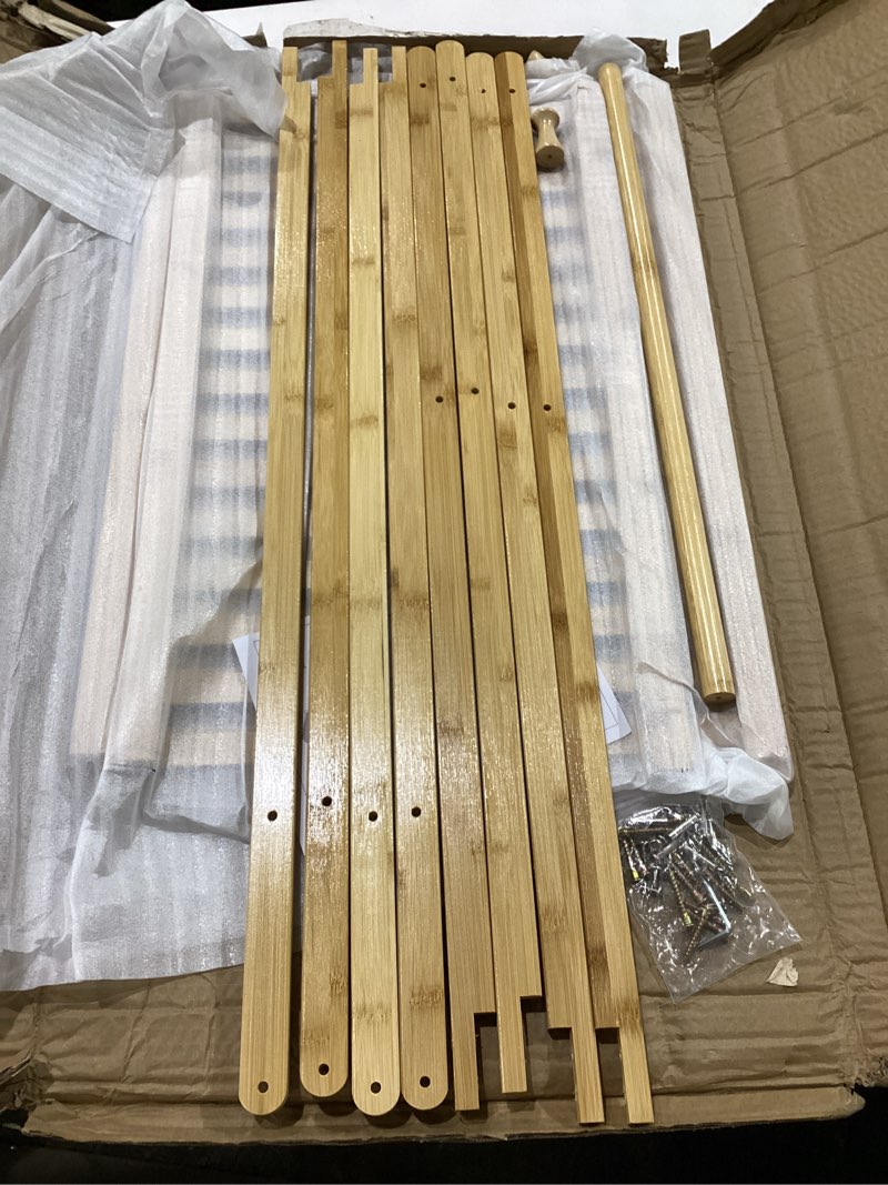 Condition photo showing New/Like New for bamboo clothing rack with top hanging garment rod, 2 side hooks & bottom 2-tier shelves – space-saving organizer for clothes, hats, bags & shoes 2 shelf