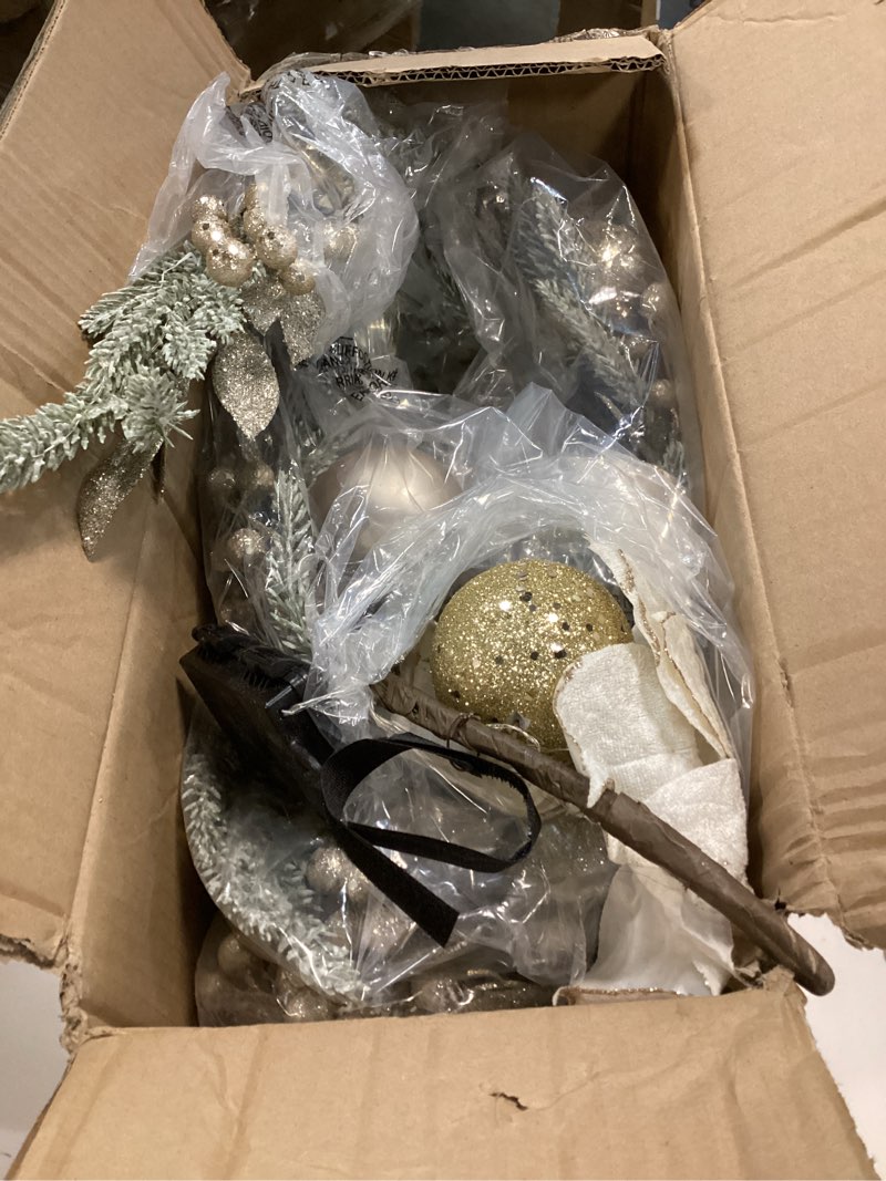 Condition photo showing As Is for 9 Ft Prelit Christmas Garland, Artificial Christmas Garland with Lights, Decoratived with Green Pine Branches Glitter Leaves Balls,with 100 Lights & Timer (Green Sillver-Balls)