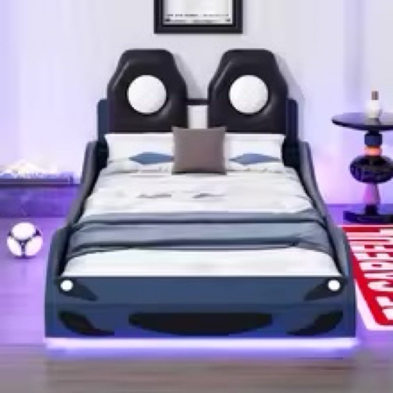 (Incomplete box 1 of 2) Car Bed for Child, Wood Twin Size Race Car-Shaped Platform Bed with LED and Upholstered Backrest,bed for Boys, Blue / White US