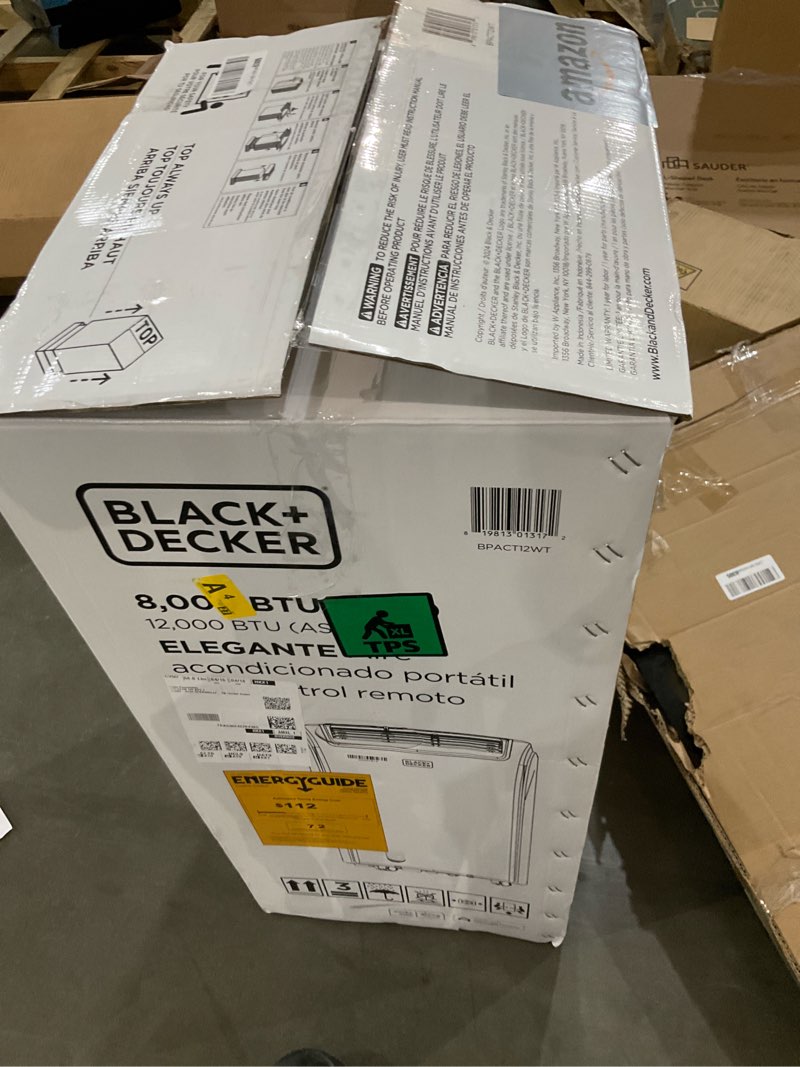 Condition photo showing As Is for black+decker smart portable air conditioner, 12,000 btu for rooms up to 550 sq. ft., smart portable ac with follow me remote and window kit, bpact12wt, white