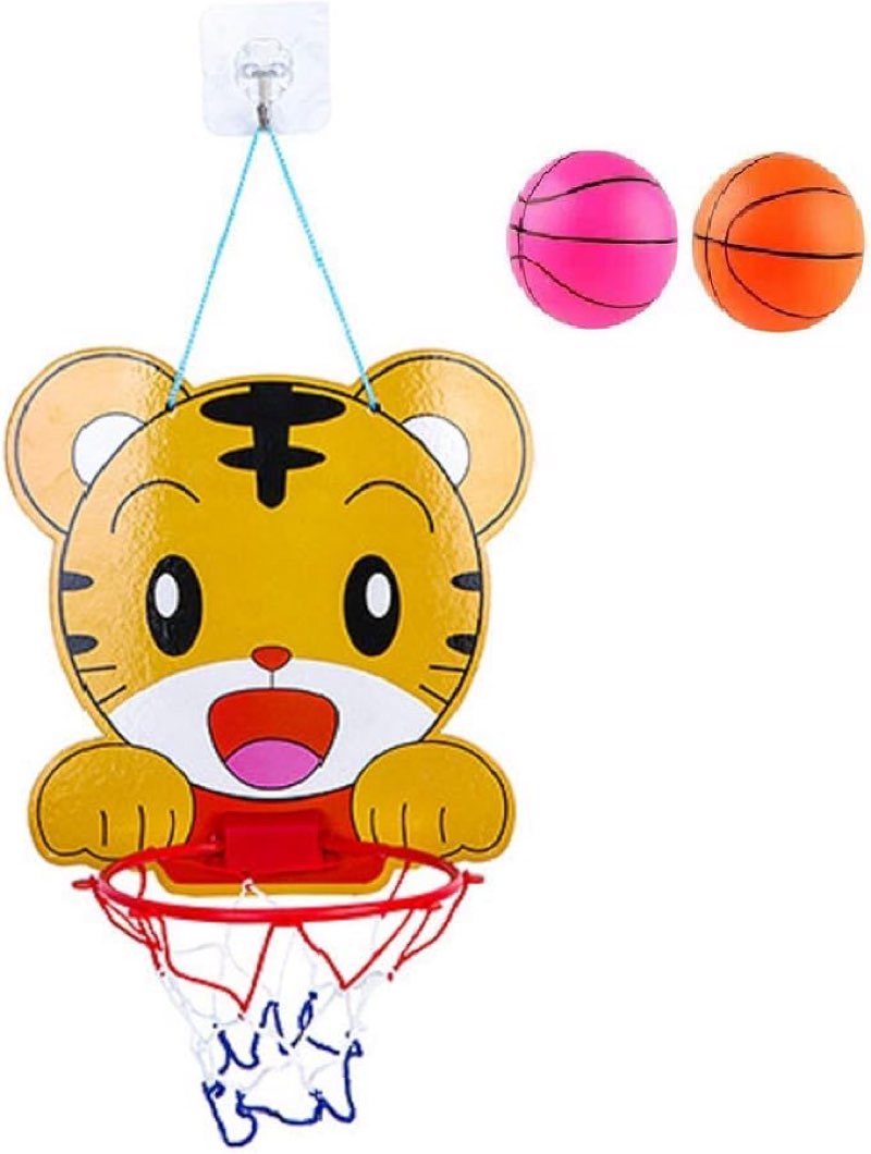 Hanging Small Basketball Hoop Set for Kids, Portable Foldable Mini Easy Goal Basketball Rim Backboard Court Door Indoor Outdoor Toy Set with 1 Net,2 Ball and 1Pump. (Tiger)