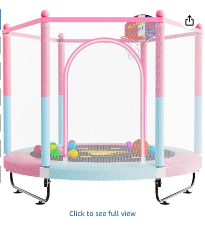 60" trampoline for kids, 5 ft toddler baby trampoline with safety enclosure net, indoor or outdoor pink/blue small trampolines with basketball hoop, birthday gifts for kids, gifts for girl age 3-8