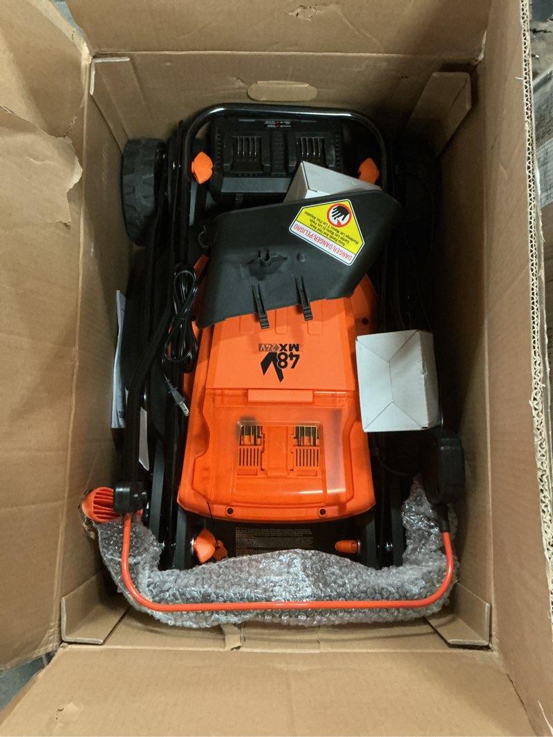 Condition photo showing As Is for lawnmaster clmf4819x 19-inch brushless cordless lawn mower with 2x24v max 4.0ah battery and a dual charger 6 cutting position cordless 19inch