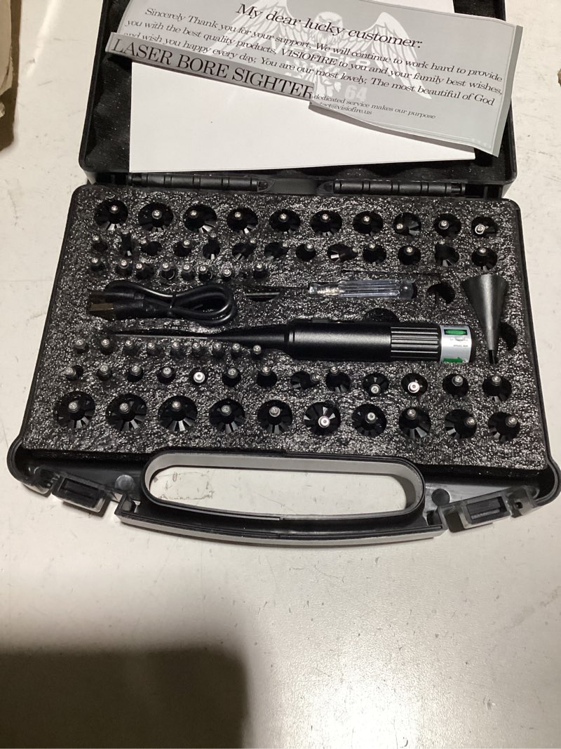 Condition photo showing As Is for USB Rechargeable Laser Bore Sight Kit : Green Laser Bore Sighter with 64 Upgraded Adapters fit 0.17 to 12 GA Calibers| Multi-Caliber Laser Bore Sighting Kit for All Gun| Powerful Boresighter