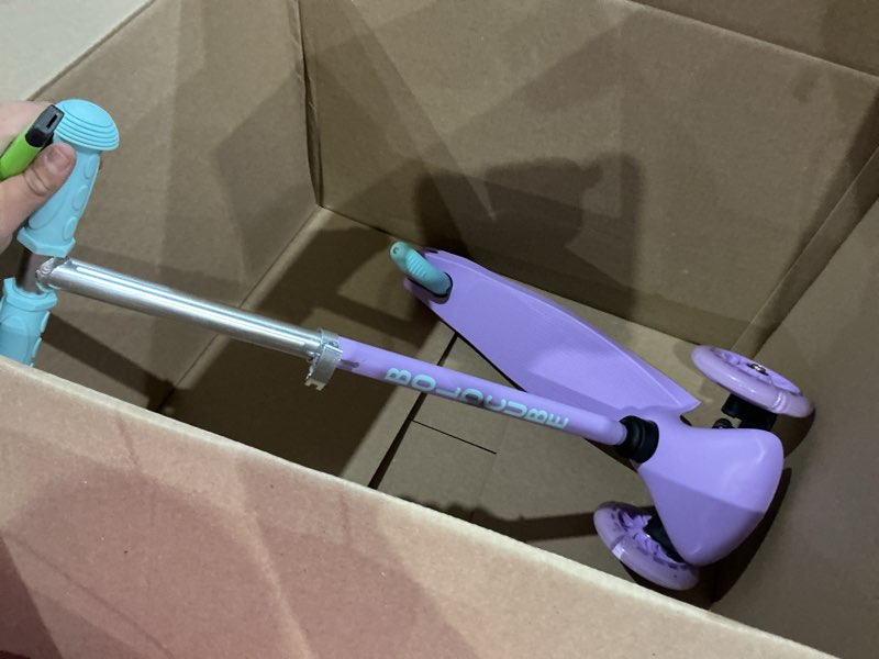 Condition photo showing As Is for boldcube teeny | 3 wheel mint scooter for kids & toddlers ages 3-6 years | flashing wheels | height adjustable 53 to 70 cm | my first scooter lilac