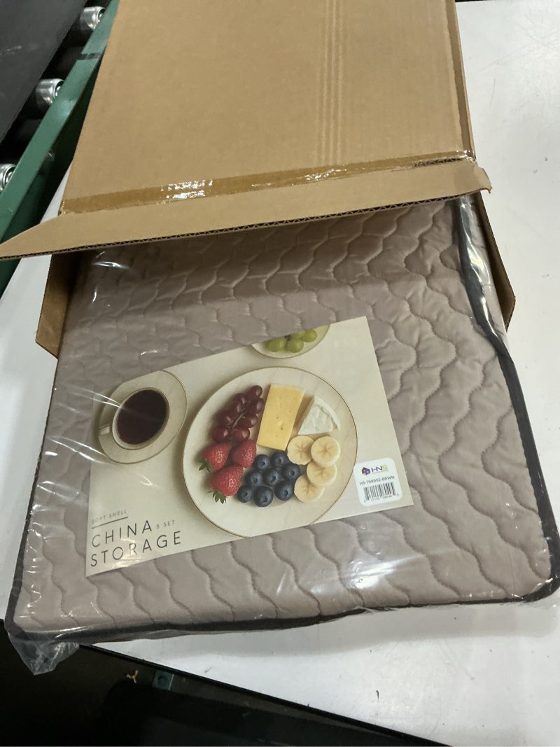 Condition photo showing New/Like New for china storage containers 5-piece set moving boxes for dinnerware, glasses, plates, mugs and saucers sturdy quilted microfiber dish organizer with dividers for seasonal storage - holds set of 12, brown brown 5 piece storage set