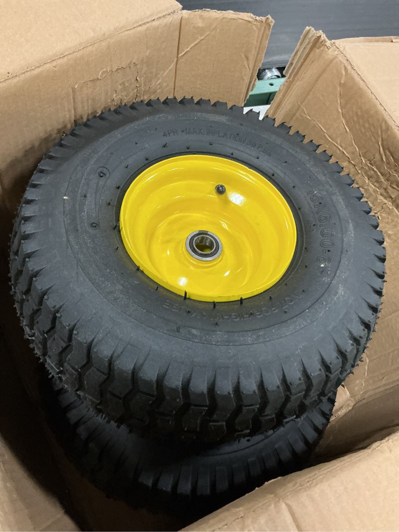 Condition photo showing As Is for ar-pro exact replacement 15" x 6.00-6" front tire and wheel assemblies compatible with john deere riding mowers 100 and d100 series - 3" centered hub and 3/4" bushings, 4ply pneumatic (set of 2)