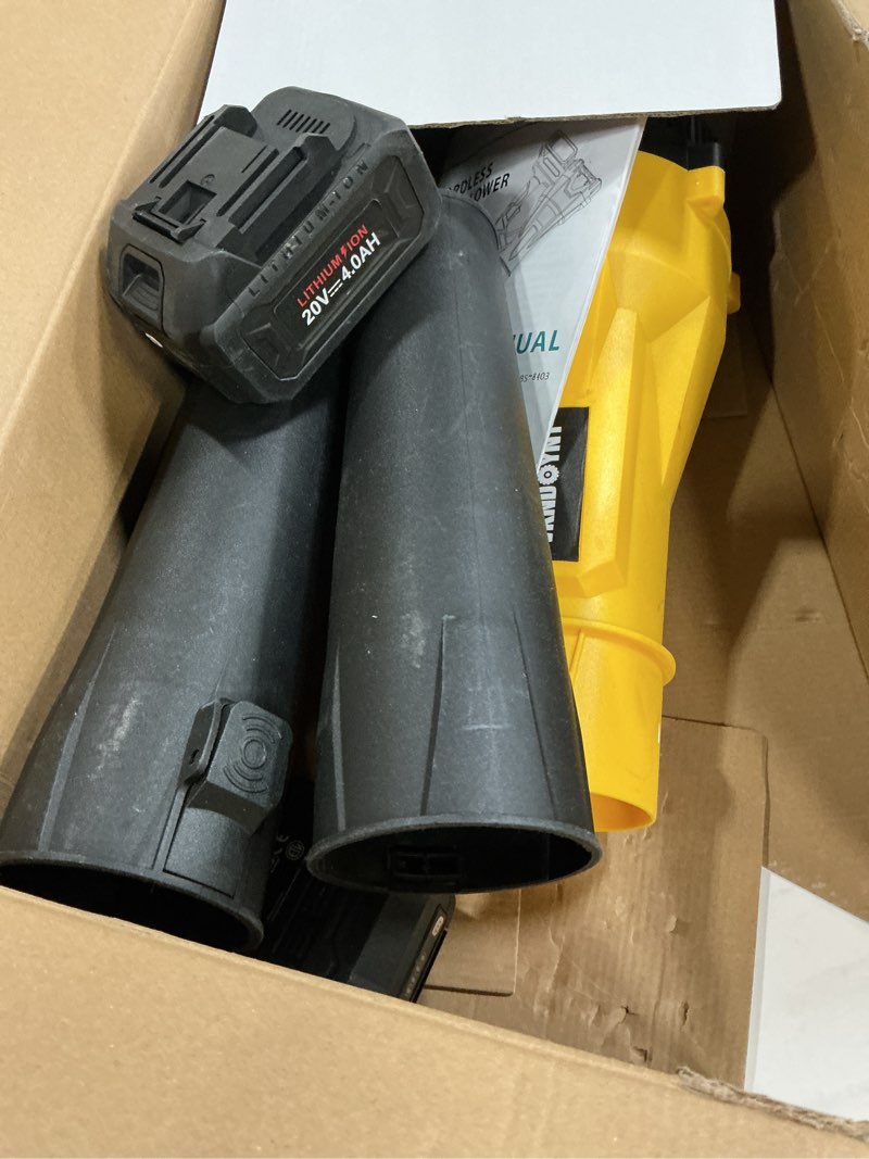 Condition photo showing As Is for Leaf Blower Cordless, 6 Speed Levels Electric Leaf Blower with 2 x 4.0Ah Batteries and Charger, 580CFM & 160MPH, 4.3 lbs Lightweight, for Lawn Care, Yard, Garage, Blowing Leaves, Dust or Snow