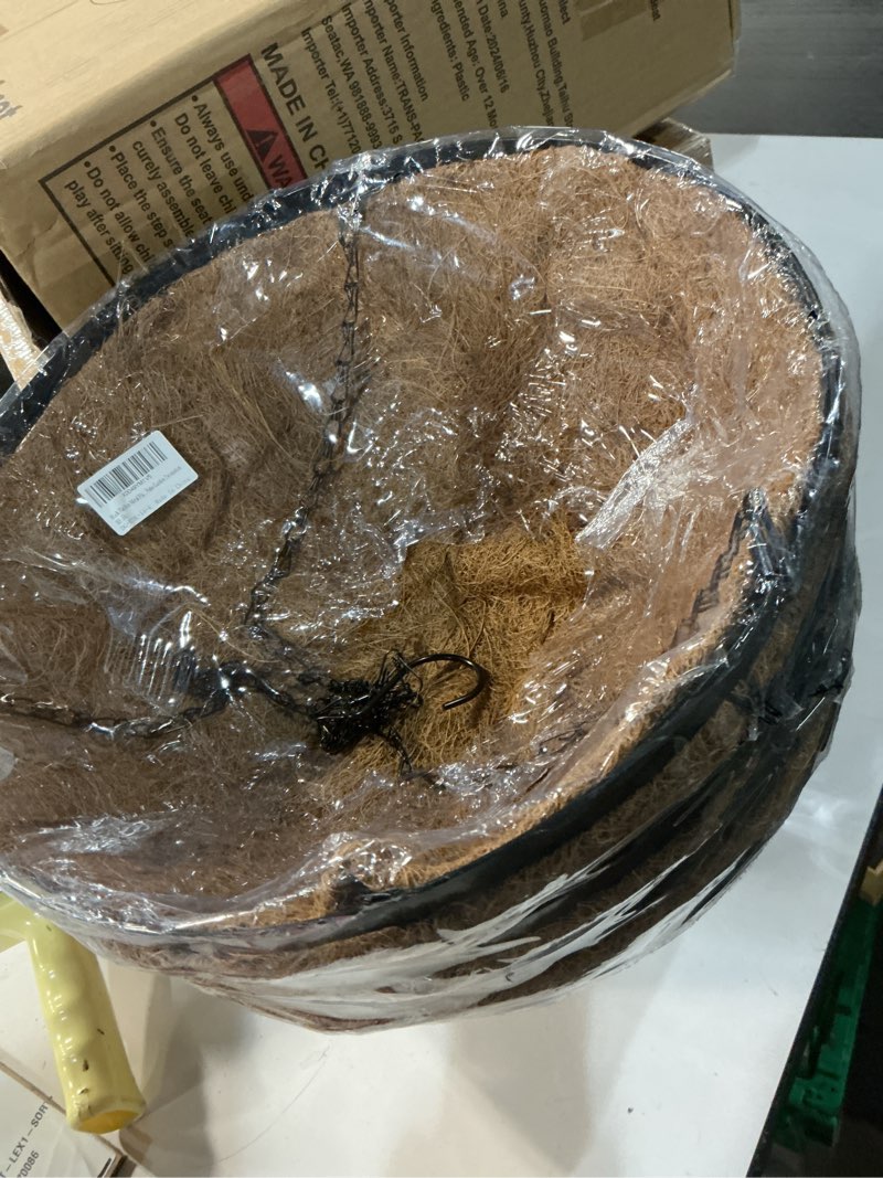 Condition photo showing New/Like New for black flat iron metal hanging planter basket with coco coir liner(4 pack, 14 inch) hanging planters for outdoor plants round plant flower pots hanging flower basket for outdoor patio garden decoration 4 14 inch