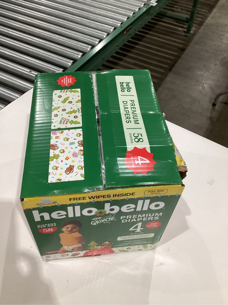 Condition photo showing New/Like New for Hello Bello Dr. Seuss Baby Grinch Premium Diapers, Size 4 (22-37 lbs), 58ct Plus Bonus Wipes: Softness & Protection for Sensitive Skin