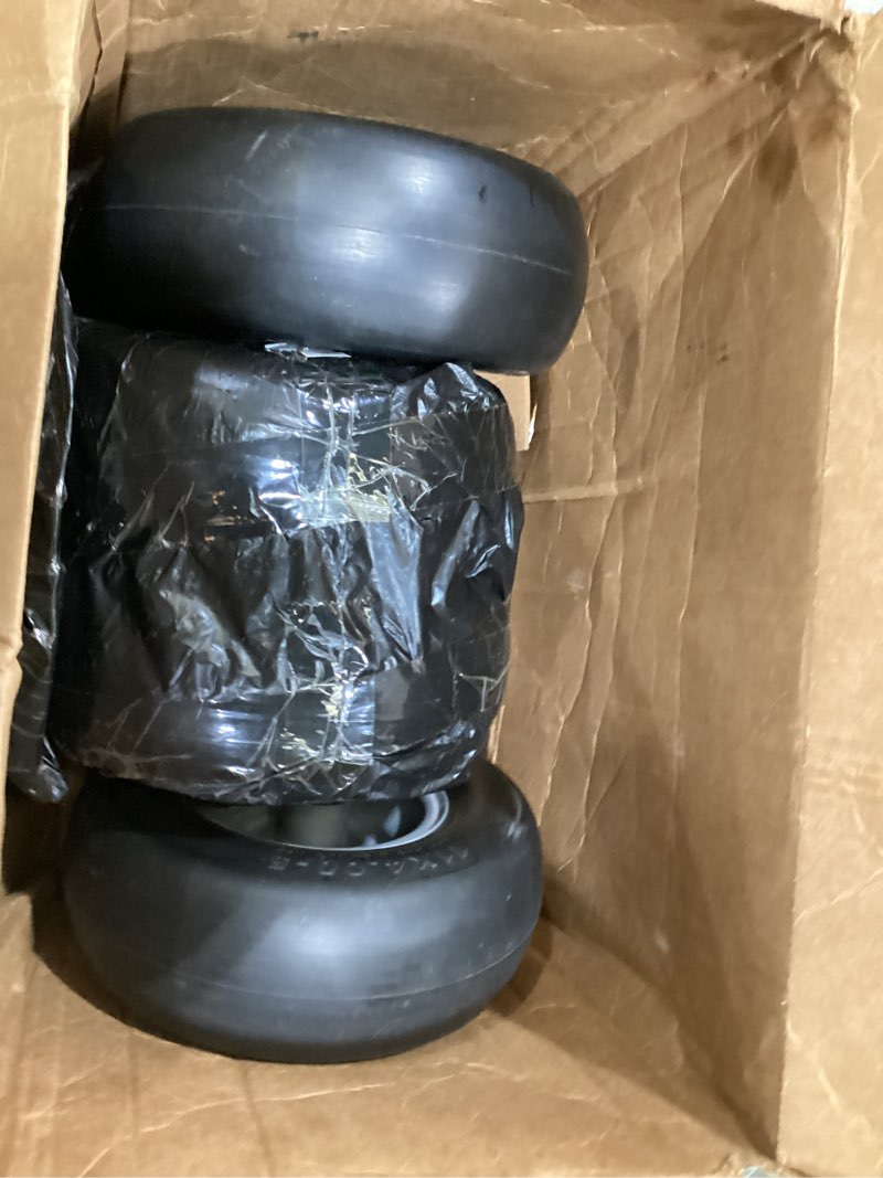 Condition photo showing As Is for 11x4.00-5 lawn mower tires flat free, zero turn mower front tires, 11x4-5 solid mower wheel for residential and commercial, 3/4" and 5/8" bearing, 3.4"-5" center hub, 2pack gray, 350lbs