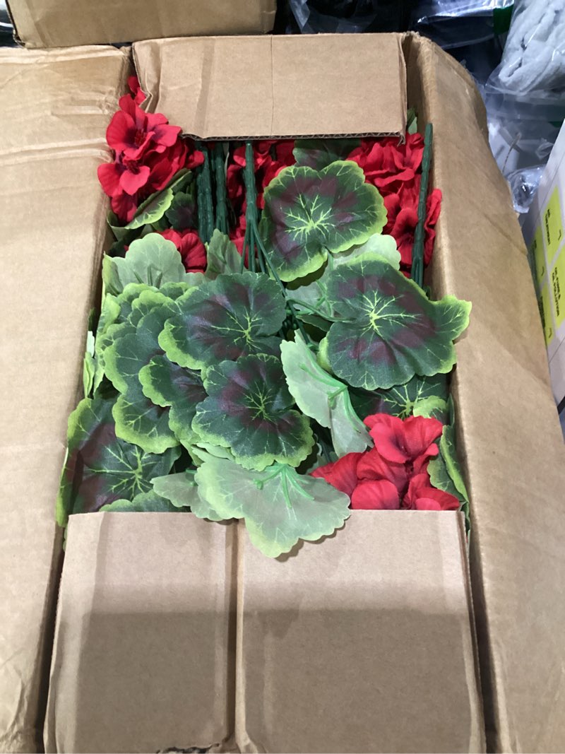 Condition photo showing As Is for lovemoon 16 pcs artificial geranium plant realistic silk flowers for outside uv resistant faux geraniums flowers for indoor outdoor home garden office decoration (16, red) red 16
