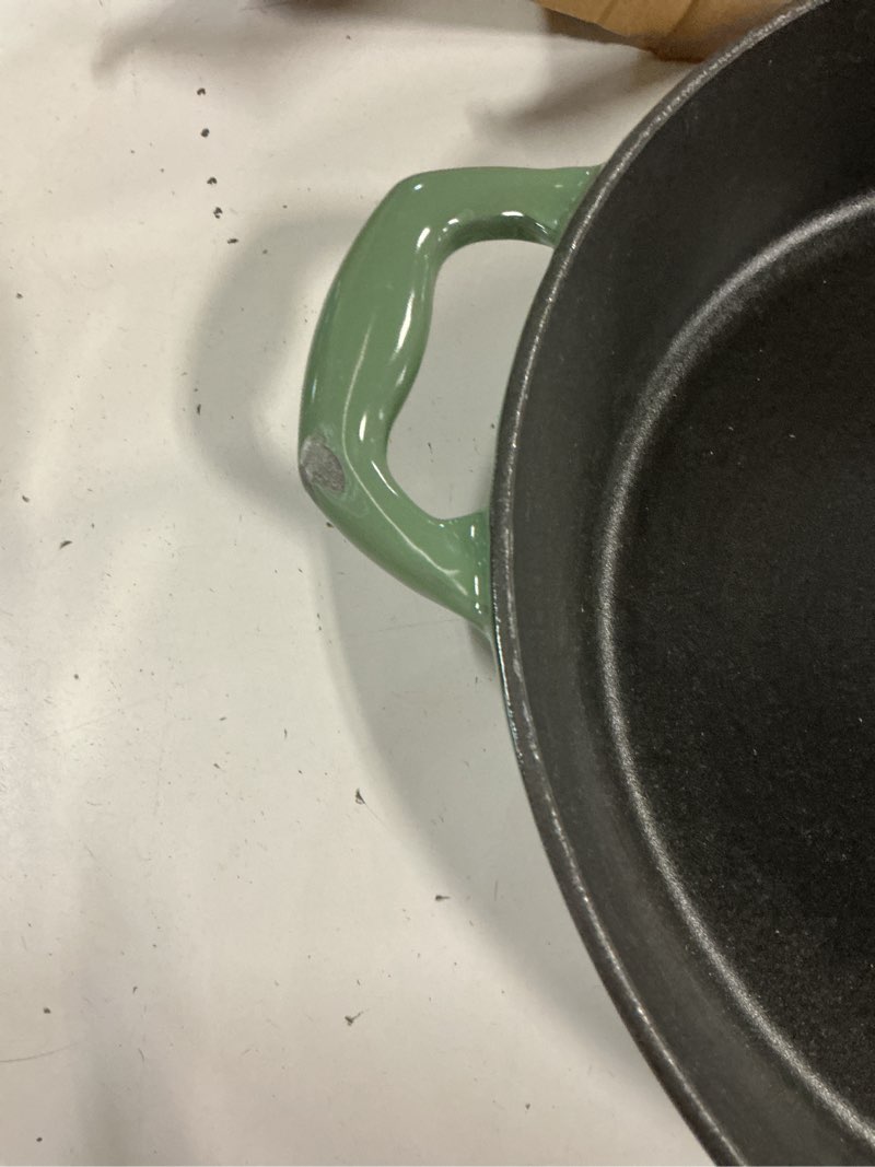 Condition photo showing As Is for tramontina bestow enameled cast iron skillet with lid, 12-inch frying pan, cactus with gold knob skillet with lid (12-in) cactus