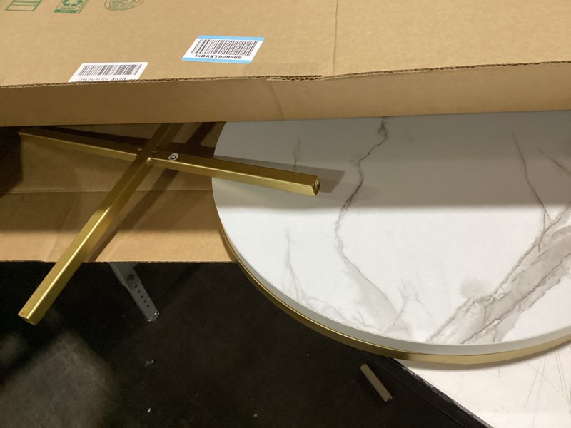 Condition photo showing Good Condition for TECHMILLY Round End Table, Faux Marble Sofa Table, Accent Side Table with Metal Frame, Modern Gold Nightstand, Tall Coffee Table for Living Room, Bedroom