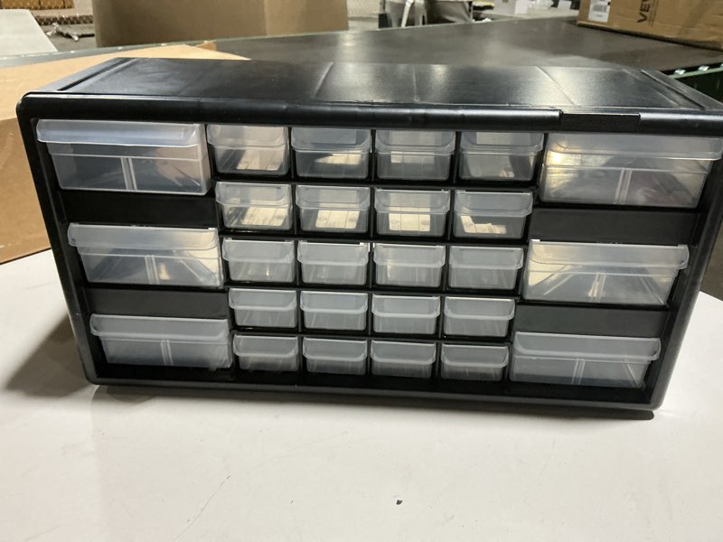 Condition photo showing Good Condition for Akro-Mils 26-Drawer Plastic Drawer Storage Cabinet for Garage Organization, Bead Organizer, Building Bricks Storage, Teacher Toolbox, Makeup Organizer, 20" W x 6" D x 10" H, 10126 Black Black 26 Drawer 1 pack