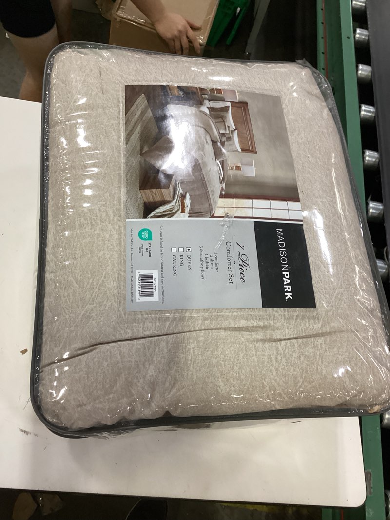 Condition photo showing New/Like New for madison park boone cozy comforter set, faux suede, deluxe hotel styling all season down alternative bedding matching shams, decorative pillow, queen (90 in x 90 in), rustic tan 7 piece tan queen (90 in x 90 in)