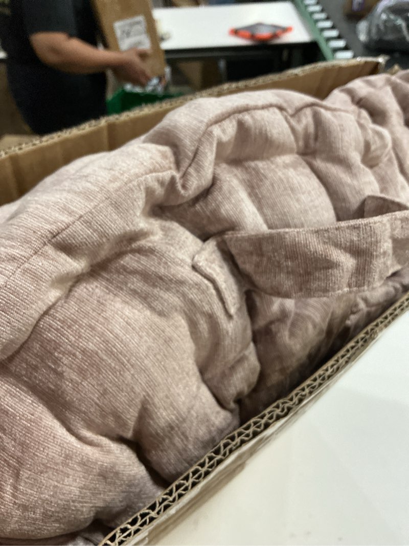 Condition photo showing Good Condition for intelligent design large floor pillow for adults yoga or meditation cushion with handle, floor cushion for board games, lustrous chenille tufted, handsewn scalloped edge, azza, 24" x 24" x 5" blush square blush with handle 24"w x 24"l x 5"h