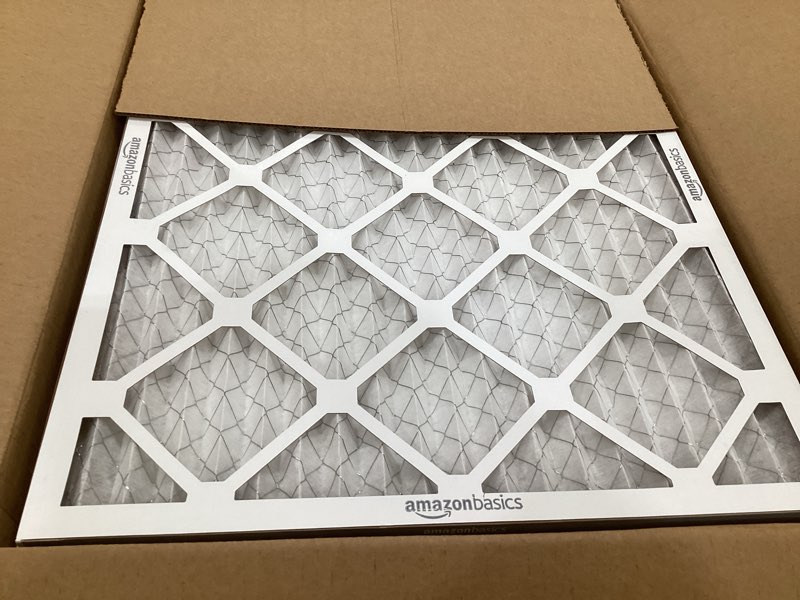 Condition photo showing As Is for amazon basics 20x25x1 air filter 6-pack, merv 8 ac furnace filters, removes dust, electrostatic, allergy control (actual size: 19.75" x 24.75" x 0.75") 20x25x1 merv 8