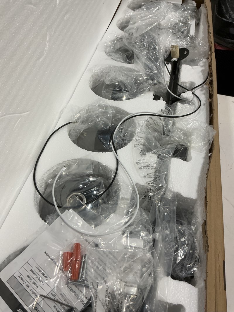 Condition photo showing Good Condition for globe modern sputnik chandeliers for dining room chandelier, 7-light dining room light fixture over table, mid century linear chandelier matte black and smoky grey bubble, 43.3 inch (bulbs excluded) matte black + somke grey glass ultra-wide coverage
