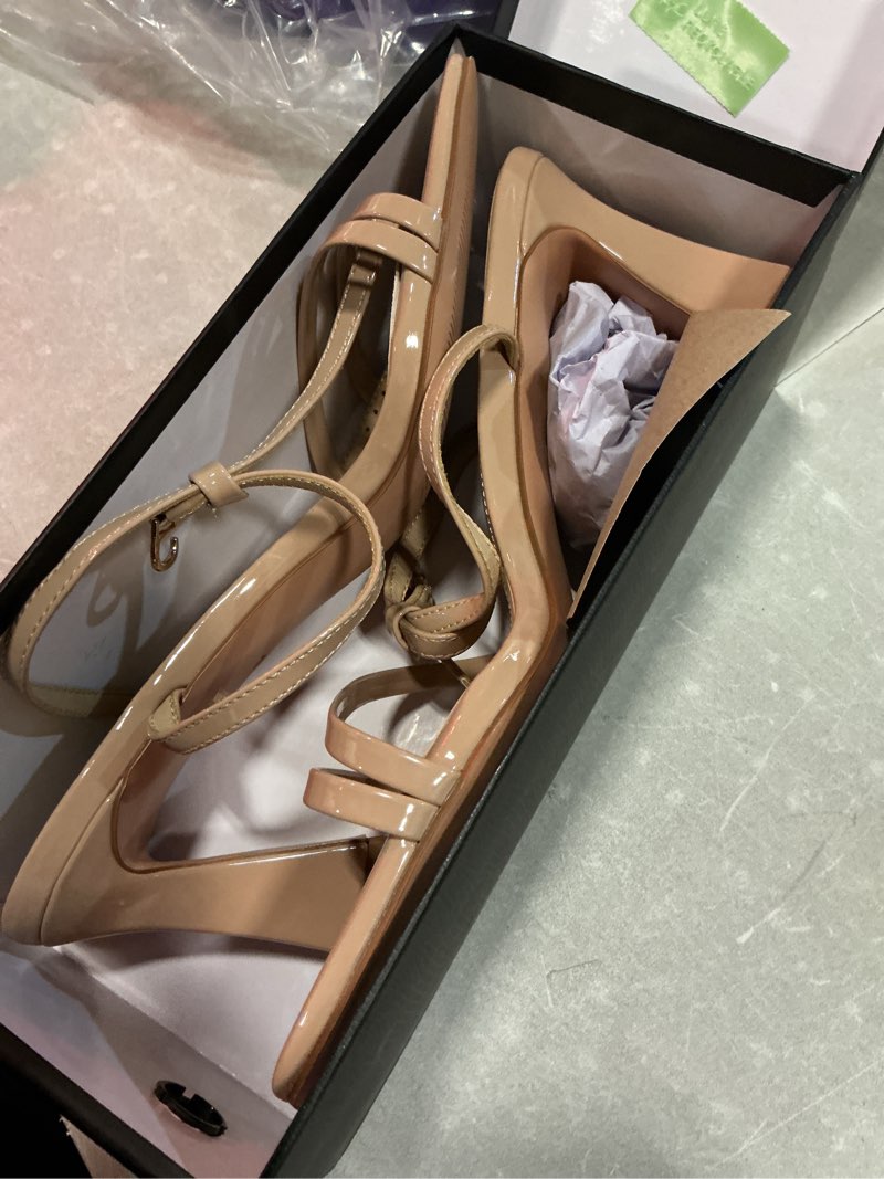 Condition photo showing Good Condition for aiuniind chunky block heels for women, square open toe heeled sandals, strappy ankle strap shoes for daily, dress, party, prom 10 patent leather nude