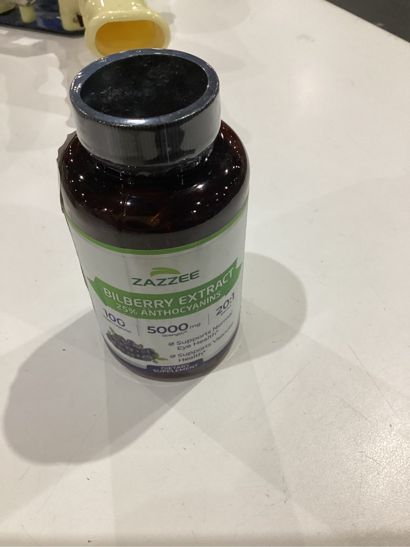 Condition photo showing New/Like New for zazzee extra strength bilberry 20:1 extract, 25% anthocyanins, 100 vegan capsules, 3+ month supply, vaccinium myrtillus, eye health, vision & antioxidant support, non-gmo, made in the usa