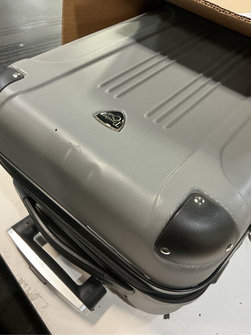 Condition photo showing As Is for travelers club chicago hardside expandable spinner luggage, charcoal, 22" carry-on 22" carry-on charcoal