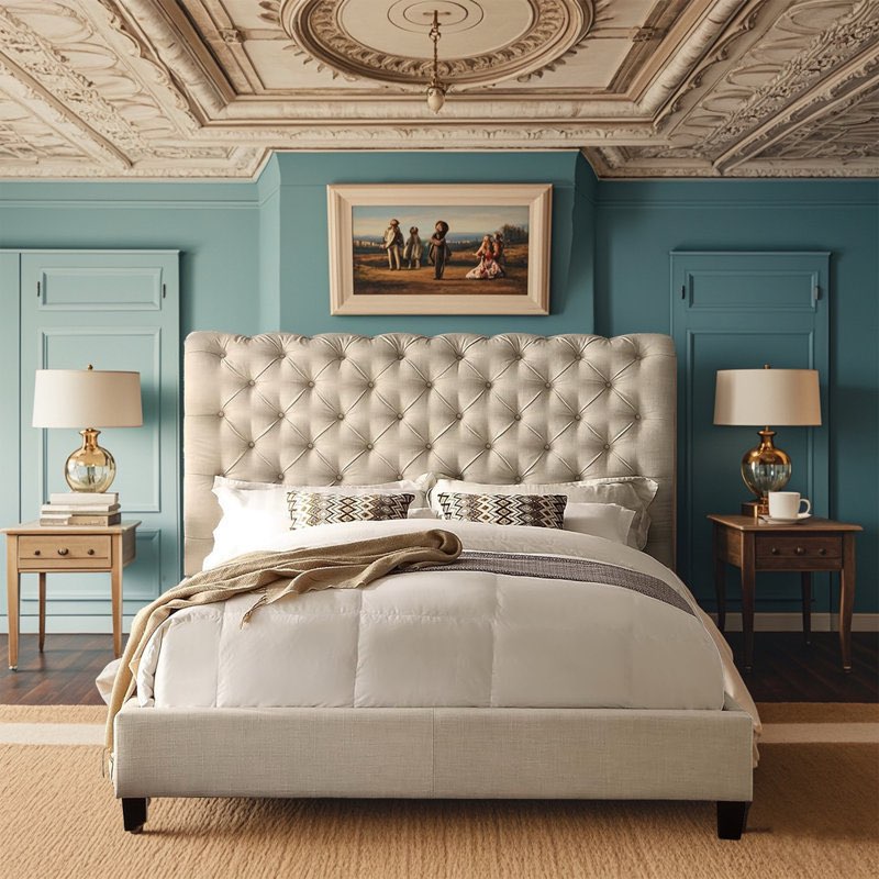Fabric Upholstered Bed Frame with Adjustable Headboard/Chesterfield-Styled/Wood Slat Support king 