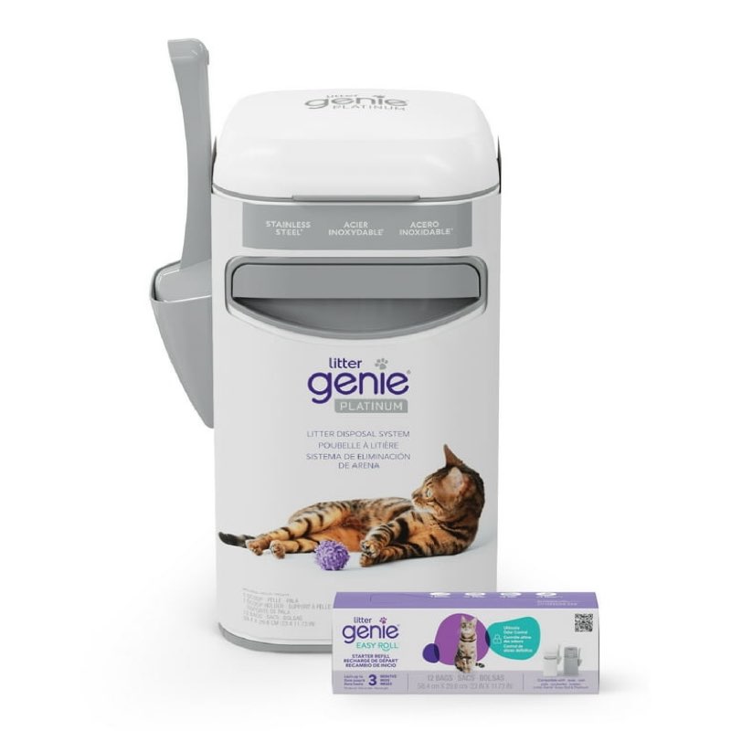 litter genie platinum stainless steel cat litter disposal system, 1 pack refill included, white