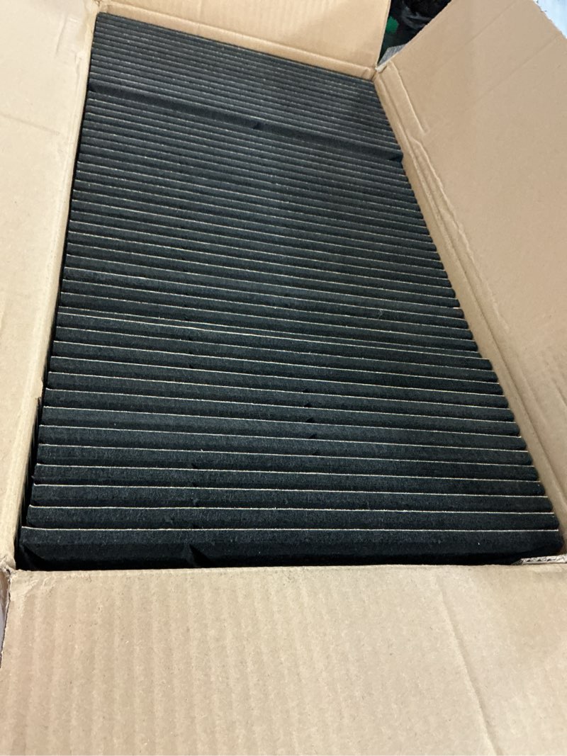 Condition photo showing Good Condition for 50 Pack Bulk Self-Adhesive Soundproof Wall Panels, 12 x 12 x 0.47 in Sound Proof Foam Panels for Walls, 1.2lb/ft³ High Density, Thicker 0.47in, Acoustic Panels, Duty for Large Walls Black 50 Pack Black