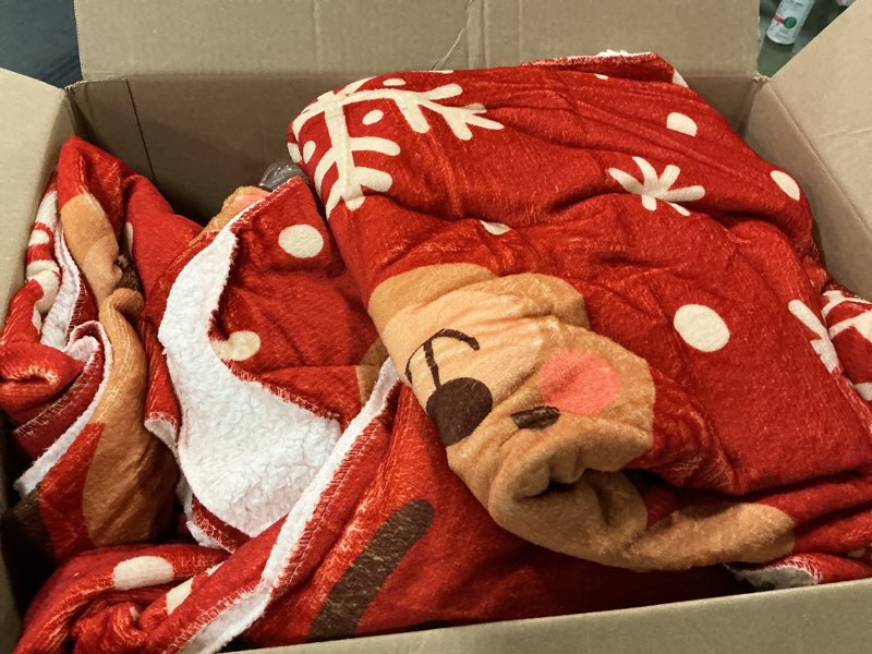 Condition photo showing As Is for Buryeah 6 Pack Sherpa Fleece Christmas Throw Blankets Double-Layer Fabric Soft 50 x 60 Inch Holiday Blanket Bulk with Santa Claus Reindeer Snowman Xmas Tree Print for Couch Sofa Decor (Reindeer) 6 Reindeer