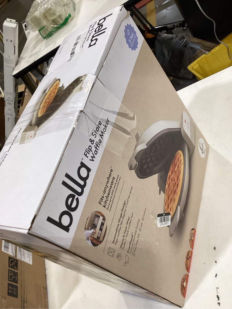 Condition photo showing As Is for bella flip-n-store waffle maker with evergood™ ceramic nonstick coating, fits-anywhere™ kitchenware, power indicator light, cool touch handle & cord wrap, 7” wide & 1" deep plates, 1000 watt, oatmilk