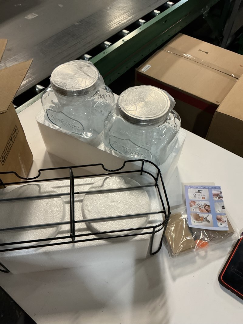 Condition photo showing New/Like New for 1.6 Gallon Glass Drink dispenser, 2 PCS Beverage Dispenser With Stand, Lemonade Dispenser with Stainless Steel Spigot,Drink Dispensers for Parties,Weddings, Picnic Black