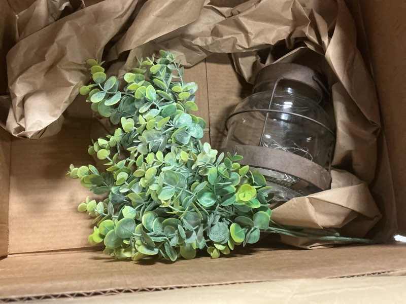 Condition photo showing Good Condition for Rustic Farmhouse Glass Vases with Green Artificial Eucalyptus Plants & Lights Primitive Vintage Lant