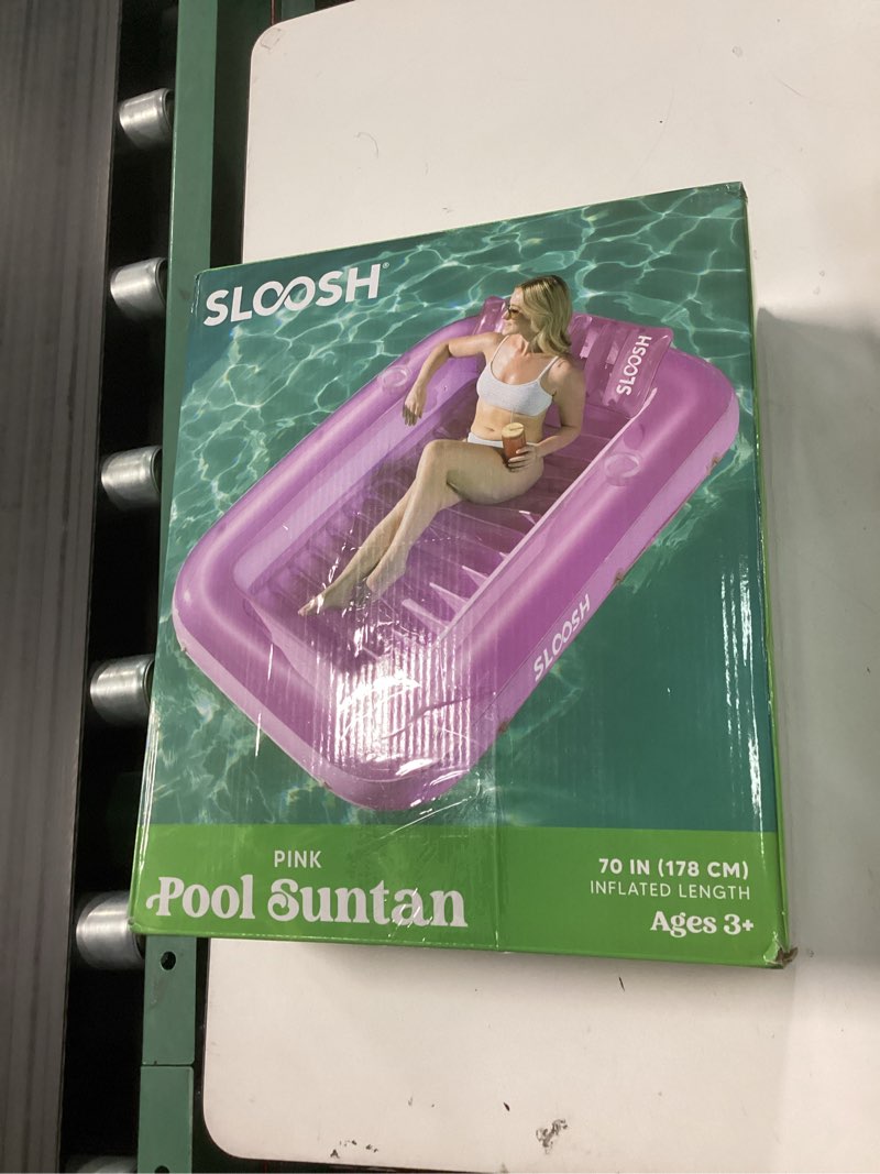 Condition photo showing New/Like New for sloosh inflatable tanning pool lounger float, 70" x 46" pool floats adult with pillow, 4 in 1 suntan tub raft floatie,sunbathing bed lounge for water blow up kids ball pit party gifts, l-pink pink large