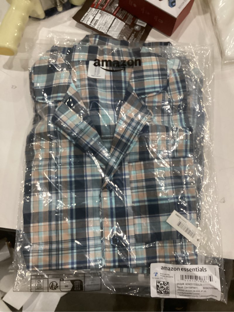 Condition photo showing As Is for Amazon Essentials Mens Lightweight Woven Short Pajama Set with Notch Collar and Button Loungewear XX-Small Navy Taupe Madras Plaid