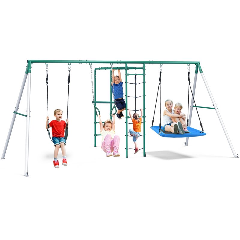 Swing Sets For Backyard With Monkey Bars, Belt Swing, Platform Swing, Climbing Net, Trapeze Bar, Outdoor Playset For Kids