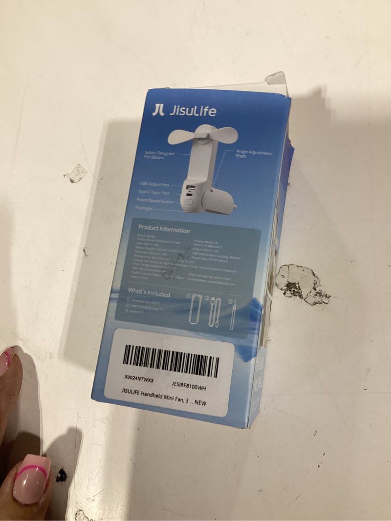 Condition photo showing New/Like New for jisulife handheld mini fan, 3 in 1 usb rechargeable portable fan [12-19 working hours] with power bank, flashlight, pocket design for travel/summer/concerts/lash, gifts for women (white)