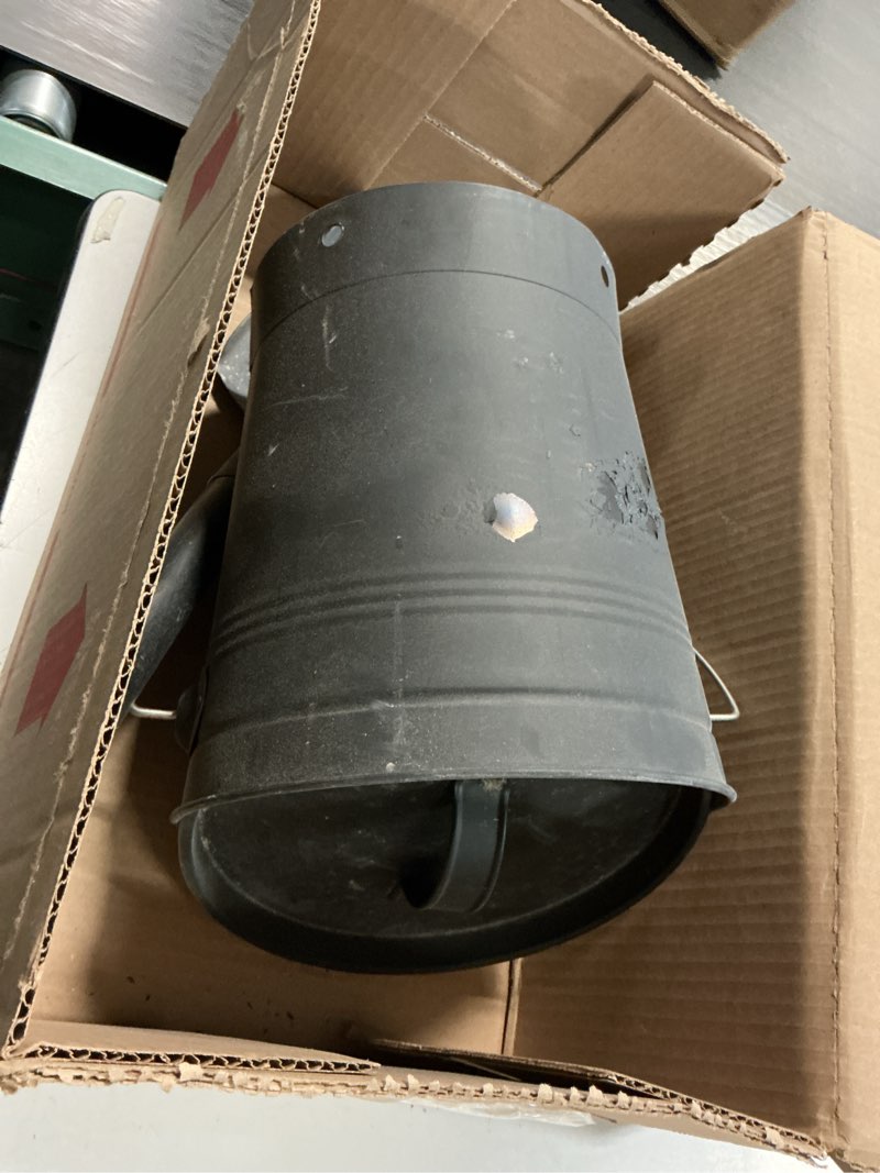 Condition photo showing As Is for INNO STAGE Ash Bucket with Lid and Wood Handle Coal Shovel, Ash Carrier Pail Fireplace Tools,Fire Pit,Wood Burning Stove Black 2.3 Gallon