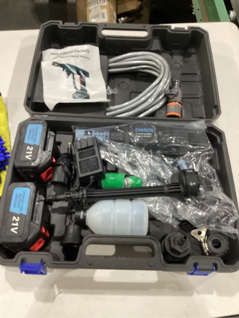 Condition photo showing New/Like New for portable cordless washer, cordless car washer with 2 batteries, 6 in 1 nozzle, 5 meter hose, for cleaning, car washing, floor washing