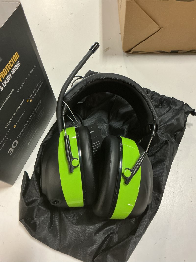 Condition photo showing Good Condition for 2025 am/fm radio ear protection headphones with backlit digital display, 120h working time, rechargeable hearing protector, 30db noise reduction safety earmuffs for mowing, construction, work, green green-am/fm
