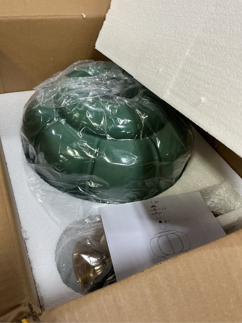 Condition photo showing New/Like New for Milk Glass Ceiling Light Fixture - Antique Brass Semi Flush Mount Pendant Light for Kitchen, Hallway, and Bedroom (Green 15 inch)
