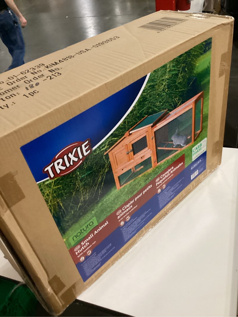 Condition photo showing New/Like New for trixie natura outdoor rabbit hutch with run - small elevated rabbit cage with non-slip ramp - small animal house with large playpen, hinged roof & pull-out tray - in natural extra-small rabbit hutch