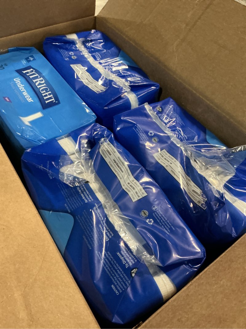 Condition photo showing Good Condition for fitright super adult incontinence underwear, maximum absorbency, large, 40"-56", 4 packs of 20 (80 total) large (20 count)
