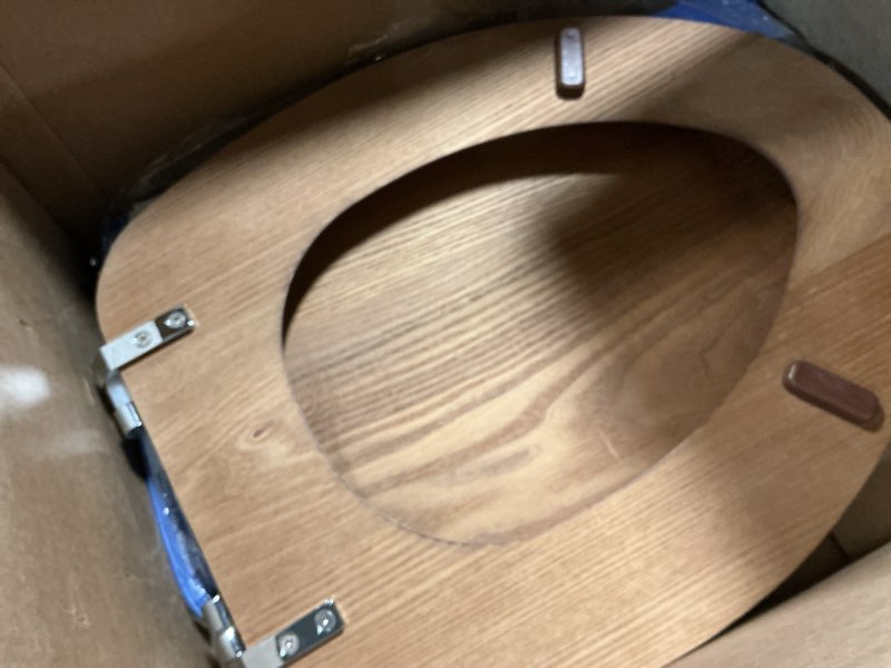 Condition photo showing As Is for mayfair natural oak veneer toilet seat with chrome hinges, elongated, wood