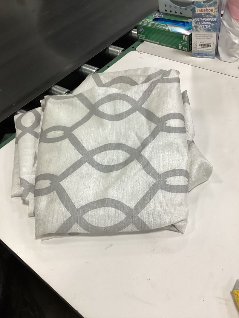 Condition photo showing As Is for Melodieux Moroccan Fashion Room Darkening Grommet Curtains for Living Room, 52 by 96 Inch, Off White/Grey (1 Panel) Off White/Grey 52"W x 96"L (Pack of 1)