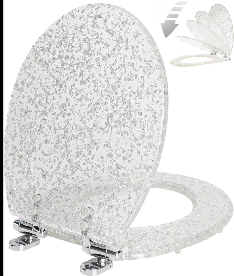 Resin Toilet Seat Round with Easy Clean Adjustable Hinges, Soft Close Quick Release Heavy Duty Silver Glitter Cover Acrylic Toilet Seats (Round 17 Inch, Silver Foil, Upgraded hinge)